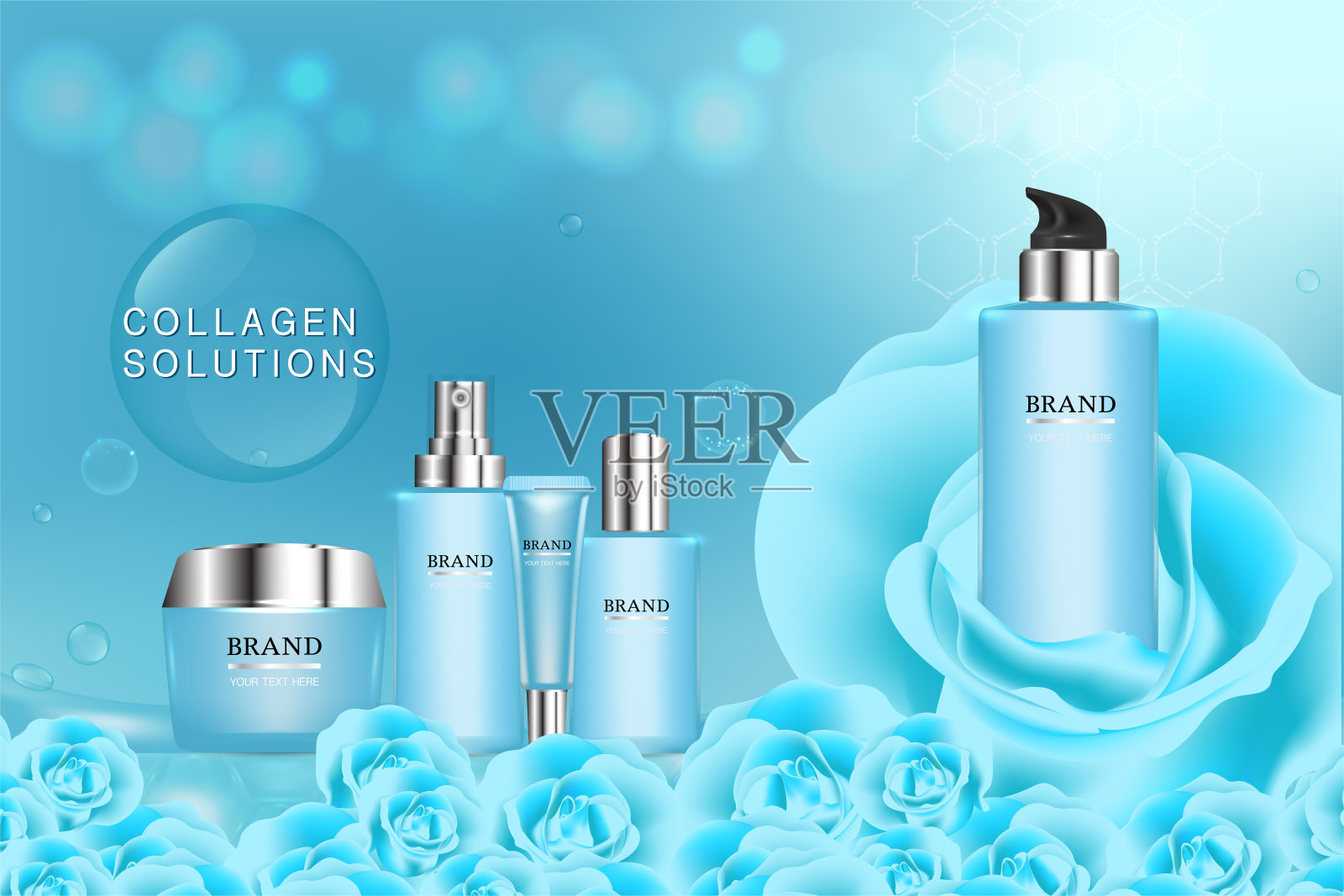 美容产品,蓝色化妆品容器与广告背景准备使用,豪华皮肤护理广告。插画素材